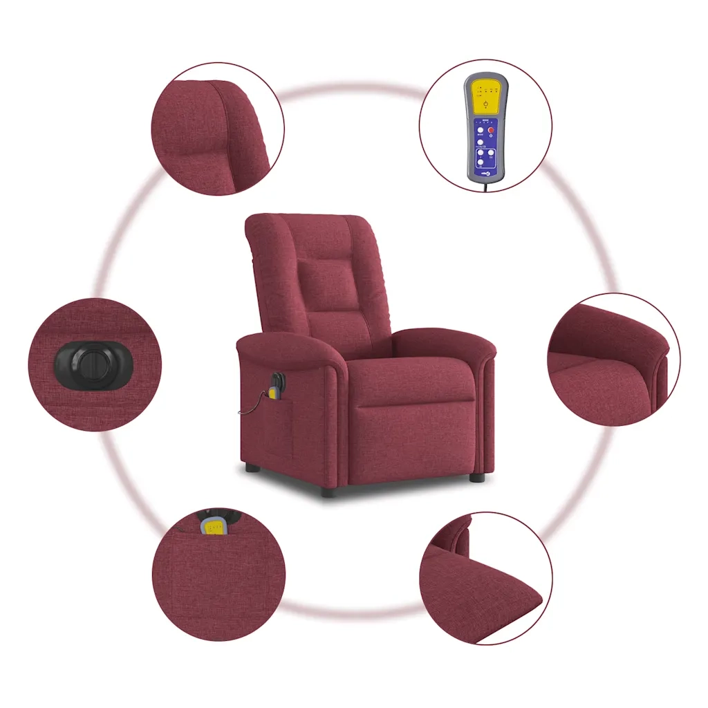 vidaXL Poltrona Massaggiante Reclinabile Elettrica Rosso Vino Tessuto