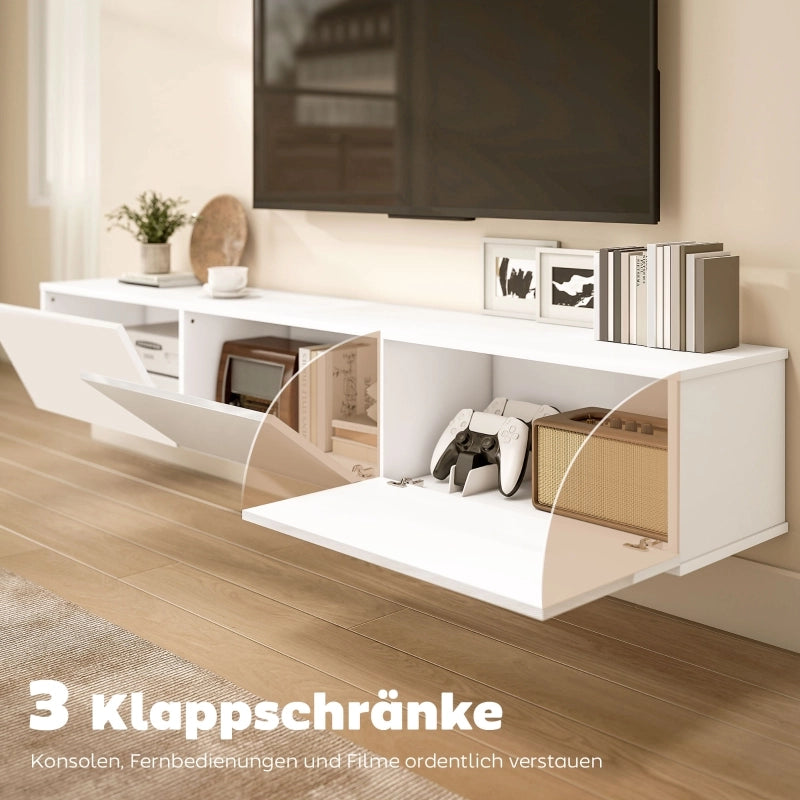Mobile porta TV sospeso con 3 ante ribaltabili e chiusura ammortizzata, per soggiorno moderno, bianco, 180 cm