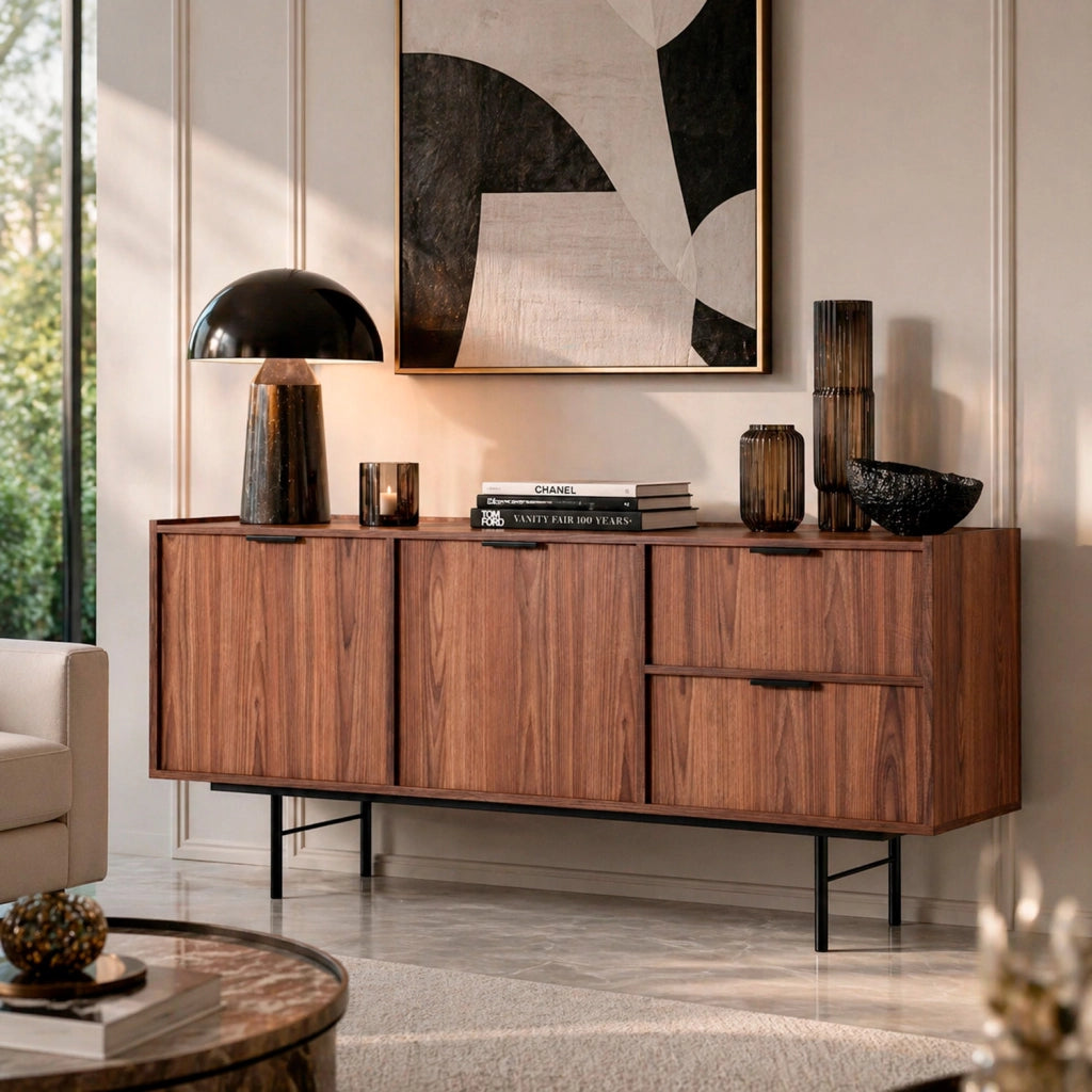 Madia Credenza Moderna Con 2 Ante 2 Cassetti Ampio Spazio Contenitivo Ripiani Interni Struttura In Melaminico Gambe In Metallo Per Soggiorno Sala Da Pranzo Ingresso 150 X 40 X 68 Cm Noce