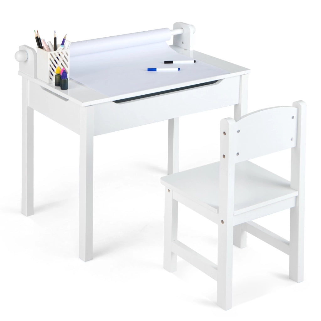 Set tavolino e sedia vano portaoggetti e portarotolo per disegnare giocare, Tavolo per bambini con sedia Bianco-Tavoli e sedie