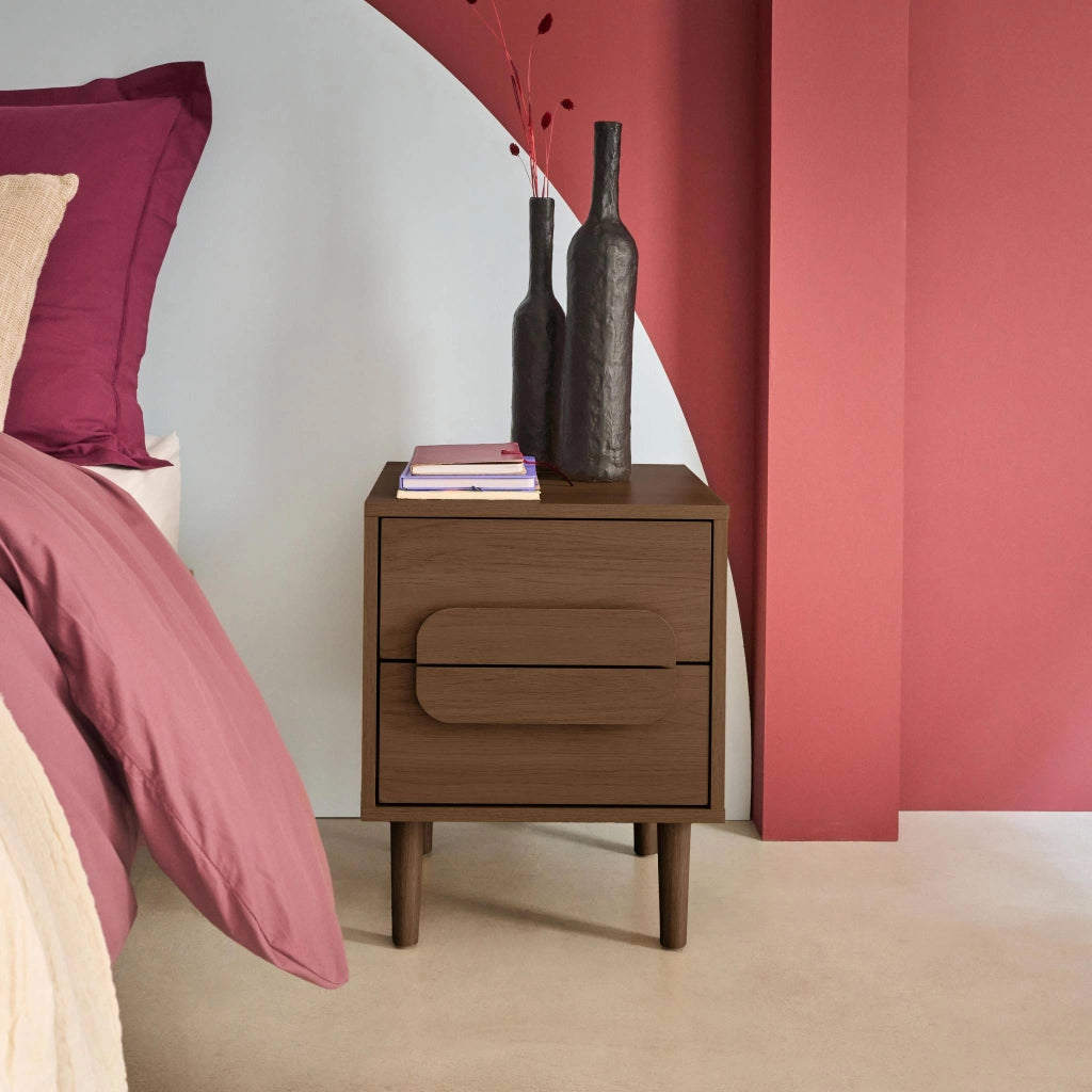Set 2 comodini vintage effetto legno 2 cassetti, noce