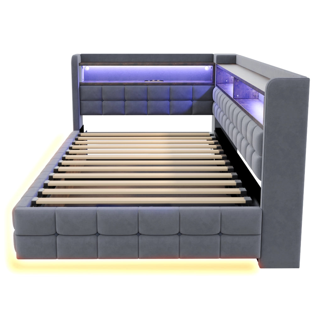 Divano letto imbottito 90x200 cm con contenitore idraulico; LED; prese USB e ripiani in legno