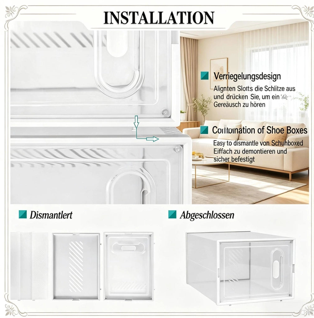 Set 18 scatole portascarpe ULEVR 25x18,5x35,5 cm impilabili con coperchio frontale, plastica trasparente e bianca