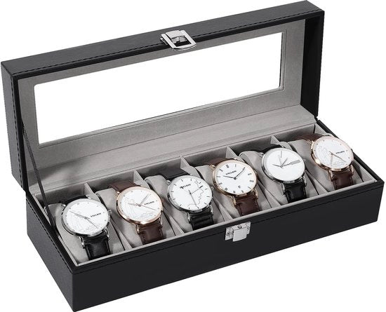 Cassa orologio per 6 orologi, con cuscini morbidi per orologi e grandi finestre, cassa orologio con portafoglio per orologi, idea regalo per uomini e donne
