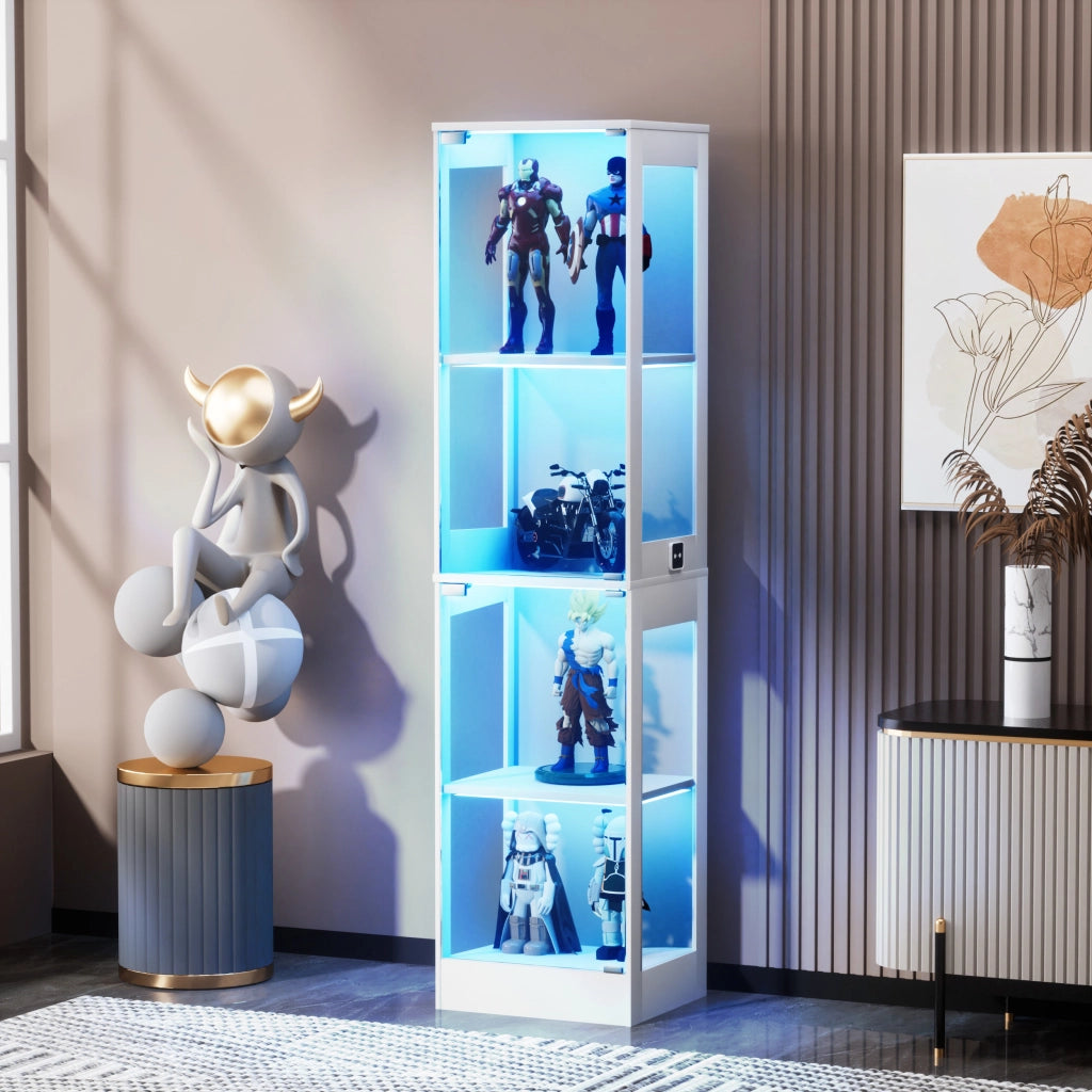 Vetrina con ante in vetro, LED a 3 colori e sensore intelligente per soggiorno, in MDF e vetro, bianca 40 × 35 × 165 cm