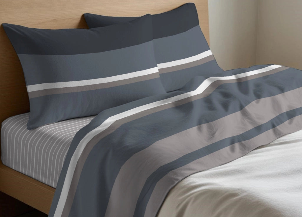 Completo Lenzuola Letto In 100% Cotone Made Italy Disegno Scia - Singolo - Grigio