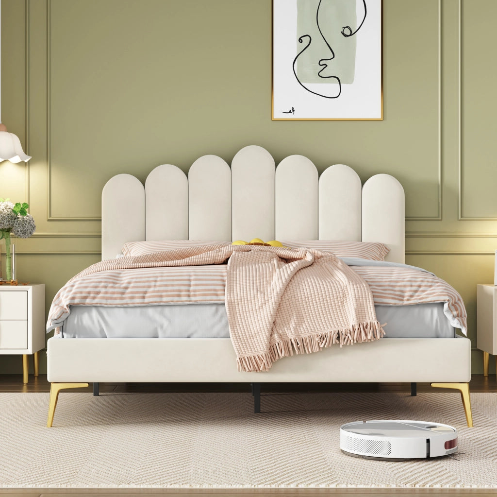 Letto imbottito 140x200 cm con testiera regolabile beige