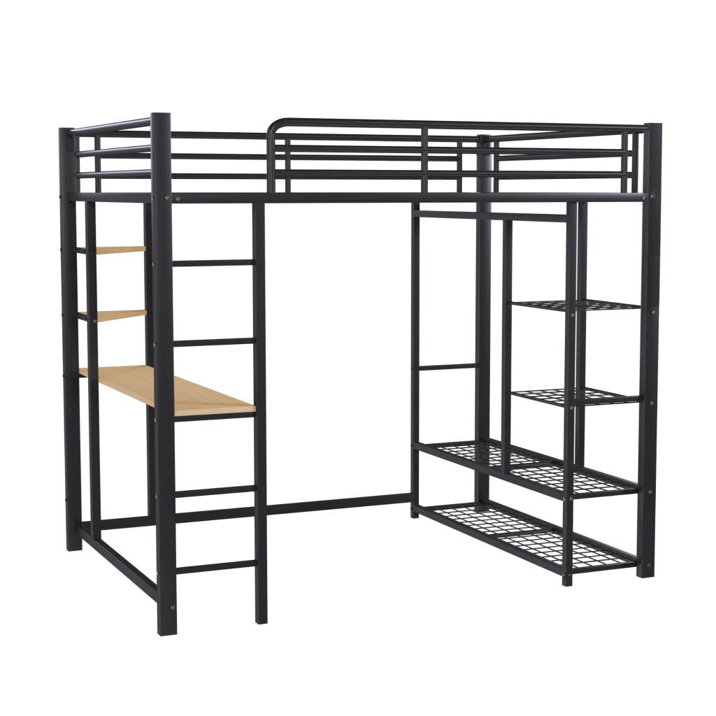 OKWISH Letto a soppalco 140×200 cm, Letto Matrimoniale con Scrivania, Mensole e Appendiabiti, senza Materasso, in Metallo, Nero