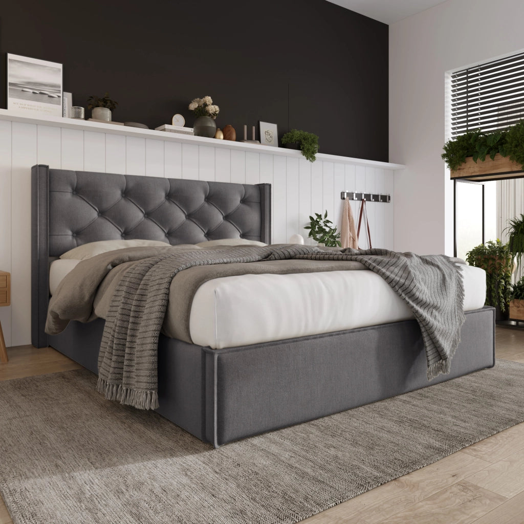 Letto matrimoniale imbottito con contenitore 140x200 cm; rete sollevabile idraulica; grigio