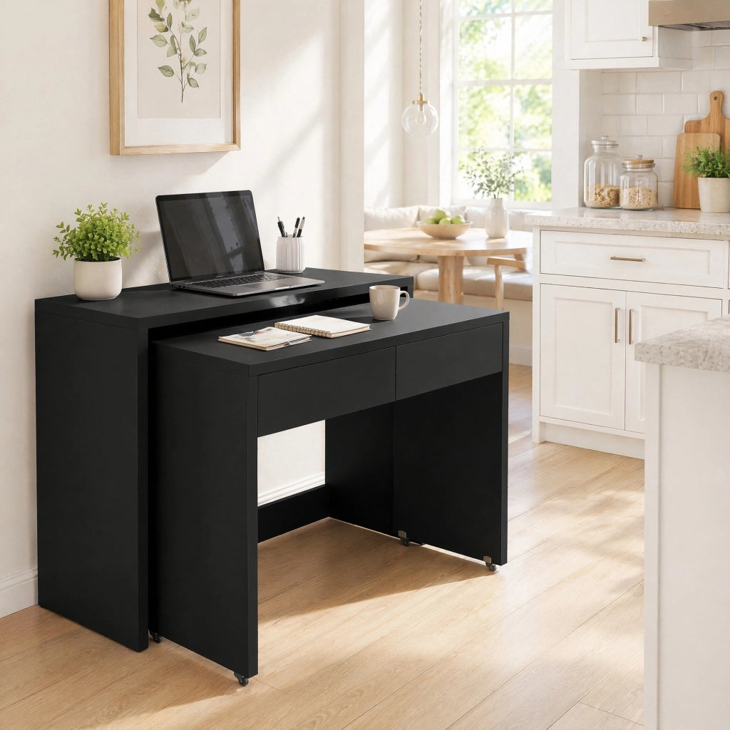 Scrivania pieghevole 2 in 1 con ruote e 2 cassetti, 110×40×78 cm, colore nero