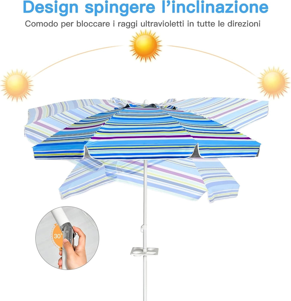 Ombrellone da Spiaggia 200 x 220 cm, Ombrellone da Mare con Inclinazione Regolabile, con Vassoio, 8 Stecche, Protezione UV, Impermeabile, Borsa di Trasporto (Blu)