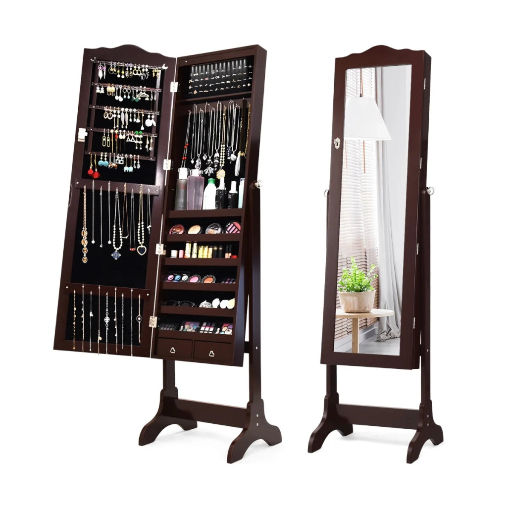 Mobile portagioielli 41,5 x 37 x 160 cm con 14 luci LED e specchio regolabile MDF marrone trendy 20_0010377