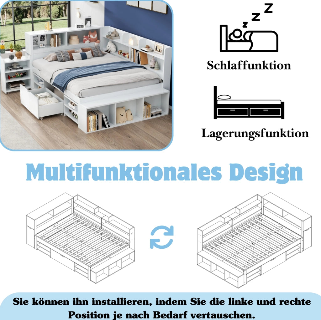 Letto singolo per bambini 140x200 cm con contenitori bianco
