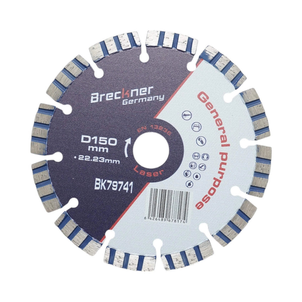Disco diamantato turbo segmentato 150x22,23 mm, segmento 10 mm per cemento armato, pietra dura, autobloccanti Breckner Germany