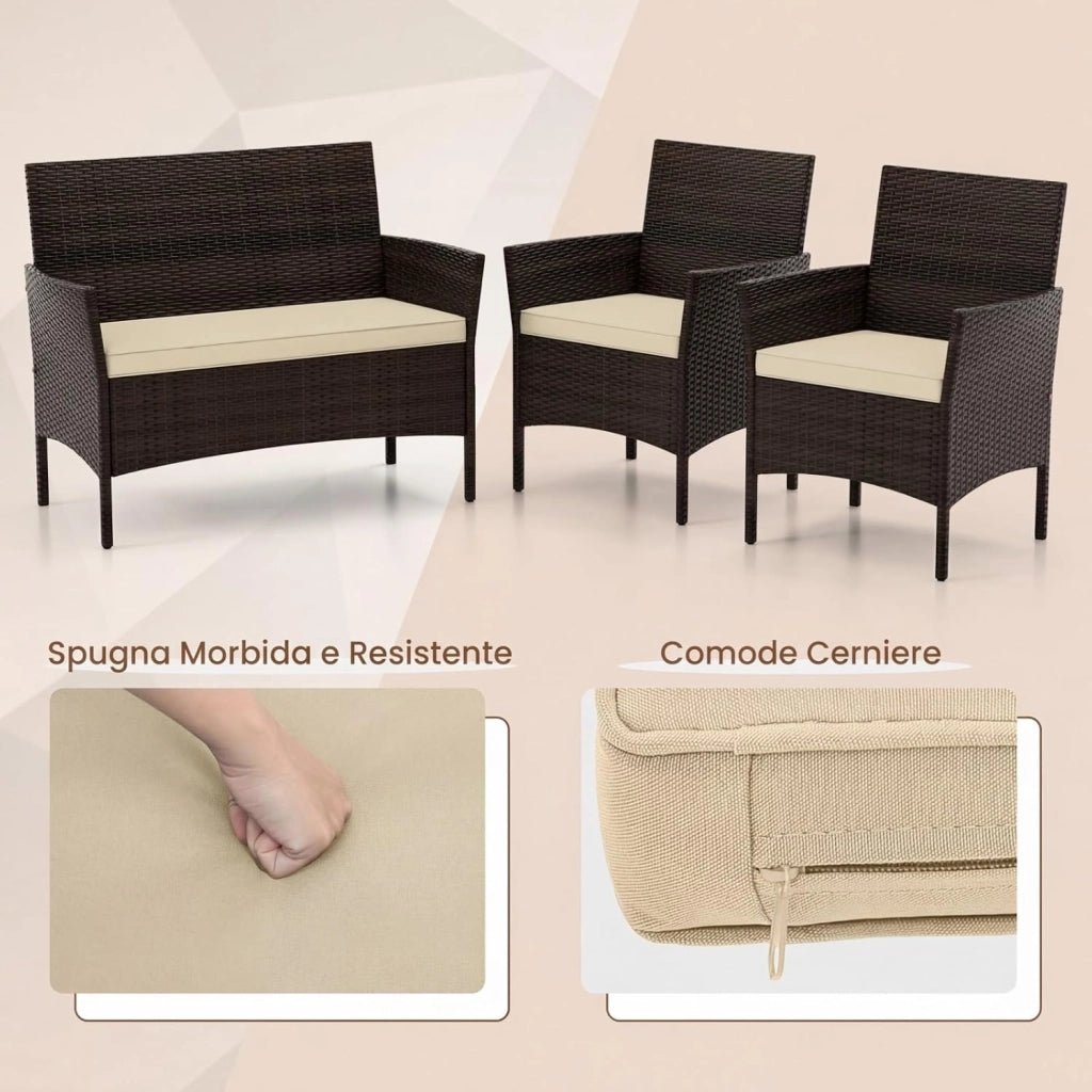 Salotto da Giardino Esterno 4 Pezzi, Set Giardino Esterno con Divanetto, 2 Poltrone e Tavolino da Caffè in Vetro Temperato, Salotto da Patio con Cuscini per Balcone, Veranda (Marrone+Beige)
