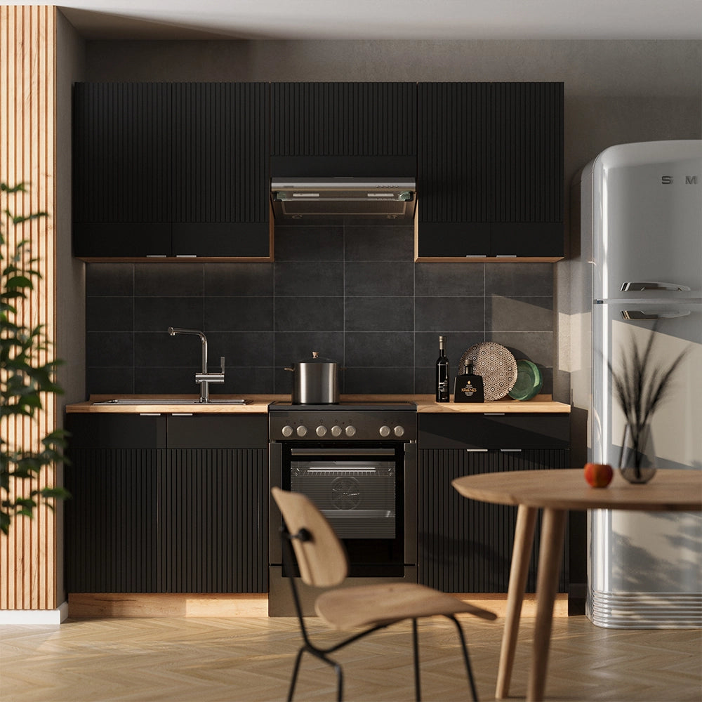 Cucina componibile Fame-Line Nero rigato/Rovere dorato 200 cm, PL Antracite Vicco