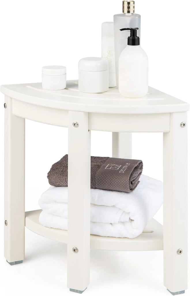 Sgabello Doccia, Sedia da Bagno Angolare in Polietilene con Ripiano, Sedile Multiuso a 2 Livelli per Uso Interno o Esterno, 32,5x32,5x43,5 cm, Capacità di Peso 150 kg (Marrone)