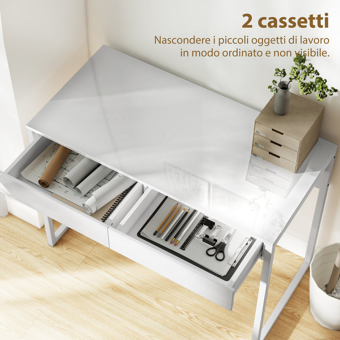Scrivania Moderna 100x50x75 cm con 2 Cassetti e Gambe in Acciaio Bianco Lucido