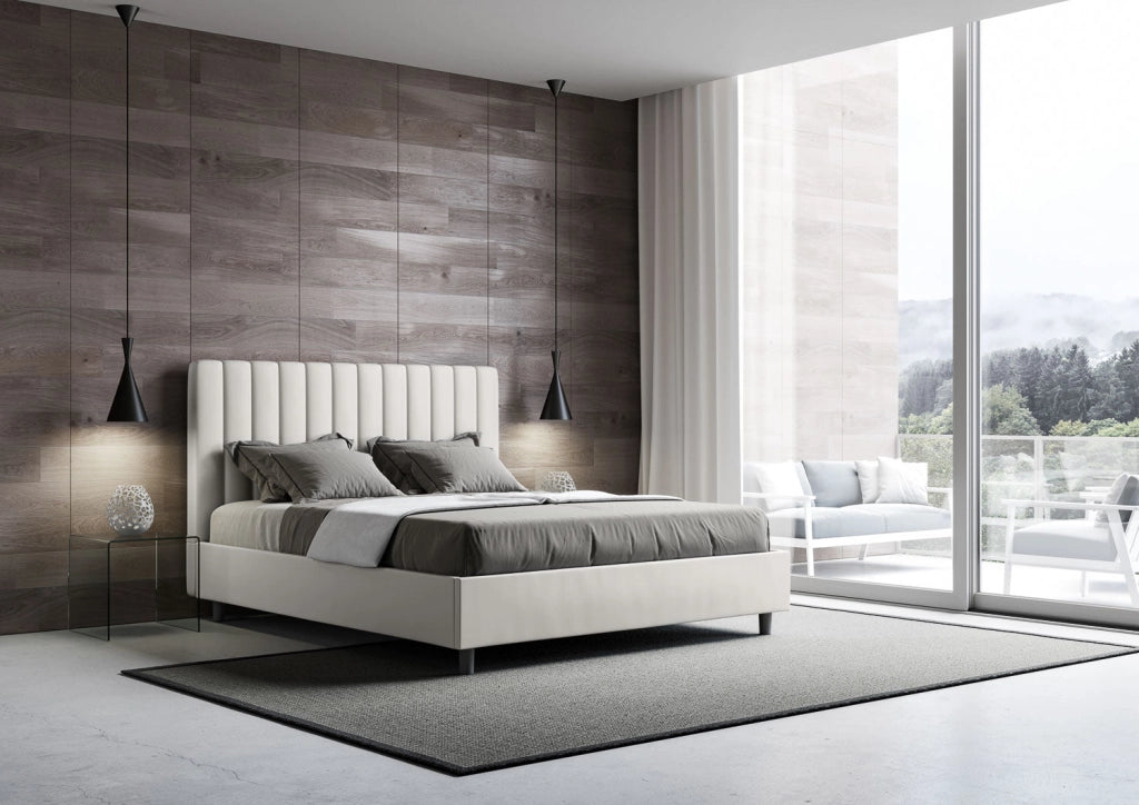 Letto matrimoniale francese senza rete imbottito 140x210 similpelle cappuccino Agueda