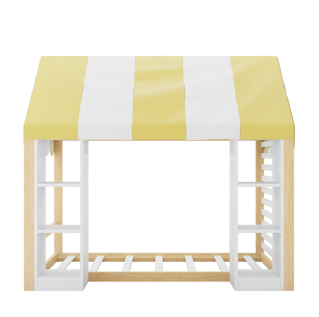 Letto bambini 90x200 cm con baldacchino e vani portaoggetti; bianco e colore naturale