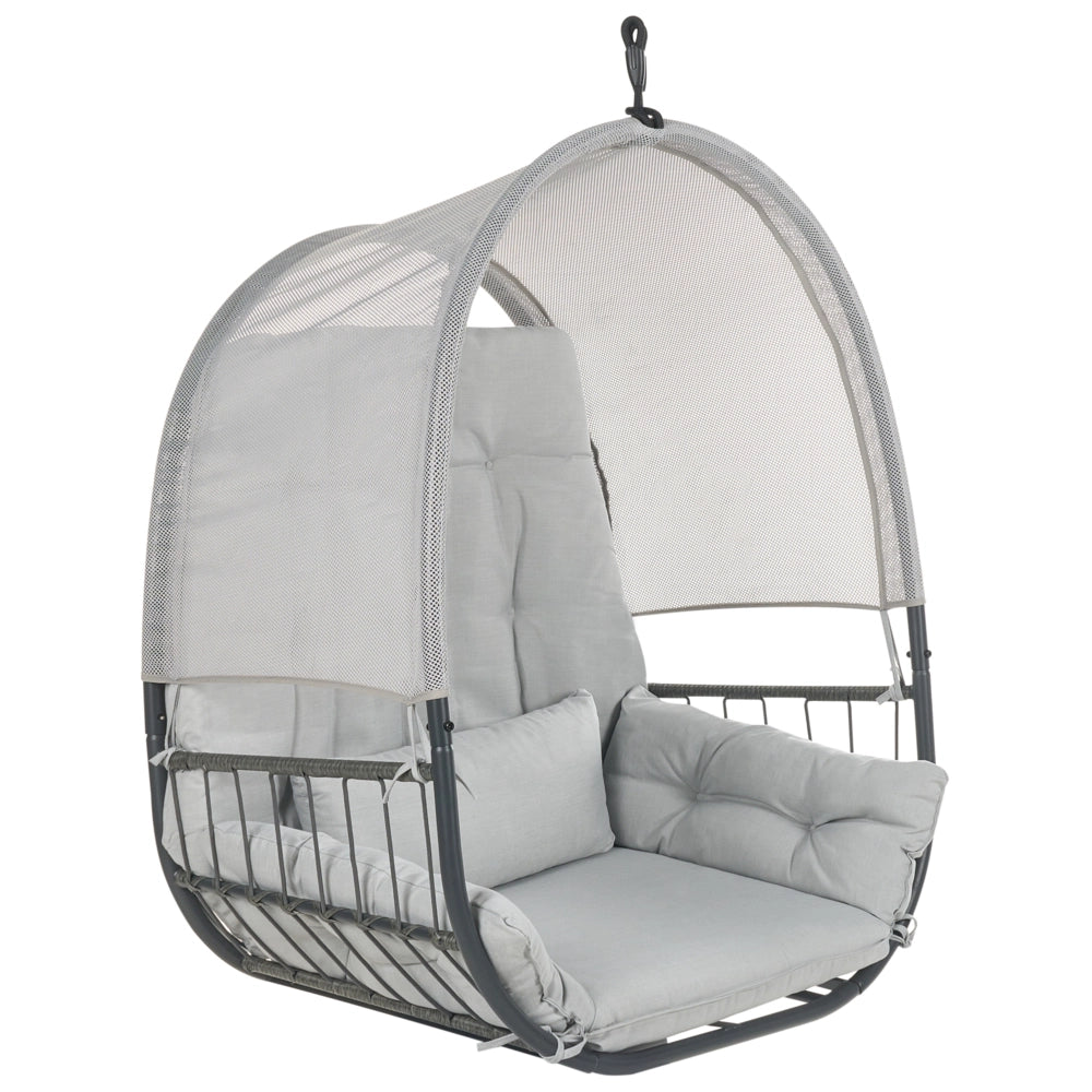 Sedia a dondolo sospesa Grigio chiaro Supporto metallico in corda Cuscino morbido per seduta Boho Rustico Soggiorno Terrazza