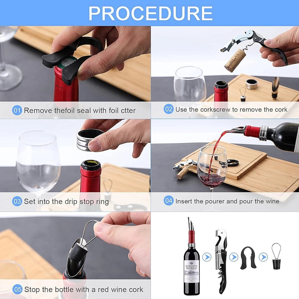 Trade Shop - Set Vino 5in1 Cavatappi Apribottiglie Multifunzione Anello Antigoccia Tappo Versatore -