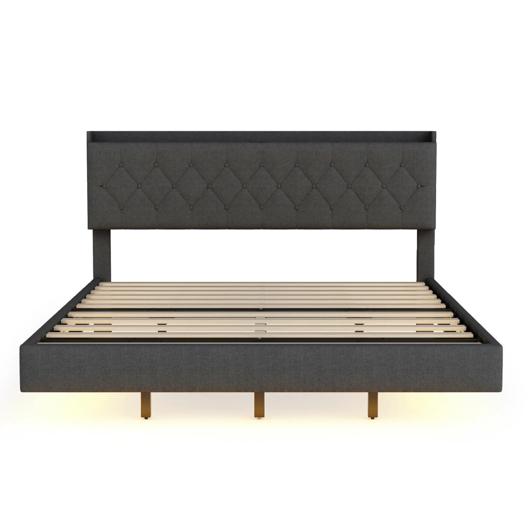 Letto imbottito matrimoniale 160x200 cm con LED a colori variabili; porta USB; contenitore; grigio