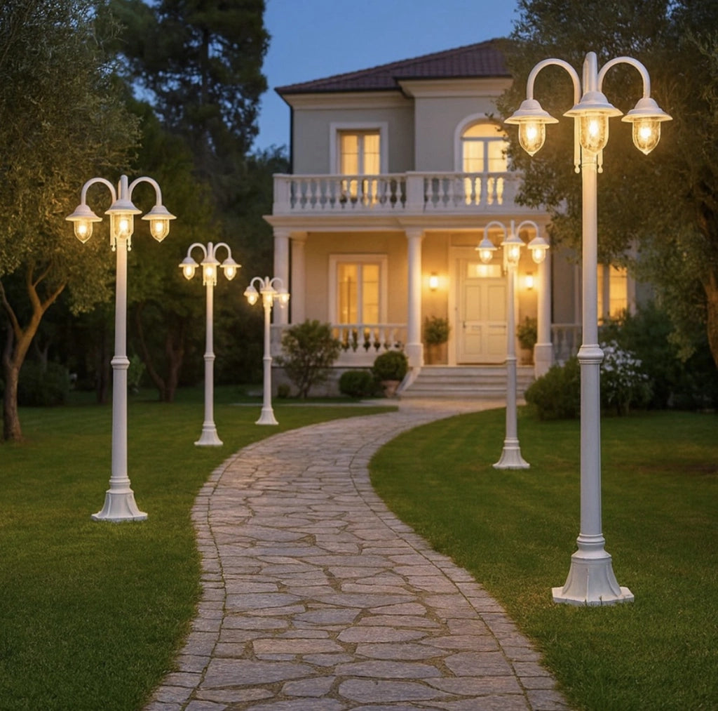 Lampione classico Bianco da giardino a 3 luci E27 in alluminio lanterna da esterno IP54 per vialetti parchi e ingressi eleganti