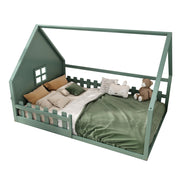 Letto a Casetta 140×200 cm; Letto 2 Posti con Sponda; per Bambini; senza Materasso; in Pino e MDF; Verde