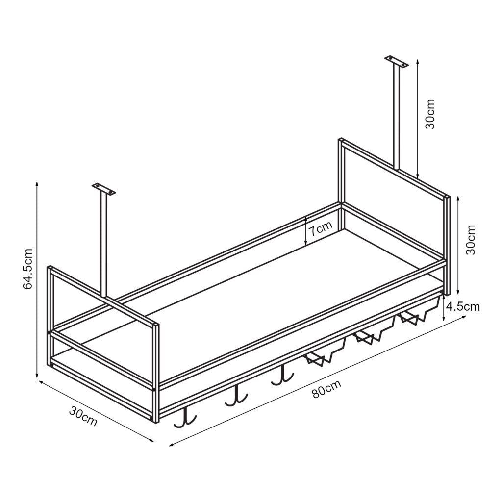 Portabottiglie Sospeso da Soffitto Borejle con Portacalici e Ganci per Tazze 80x30x65 cm Nero / Effetto Noce [en.casa]