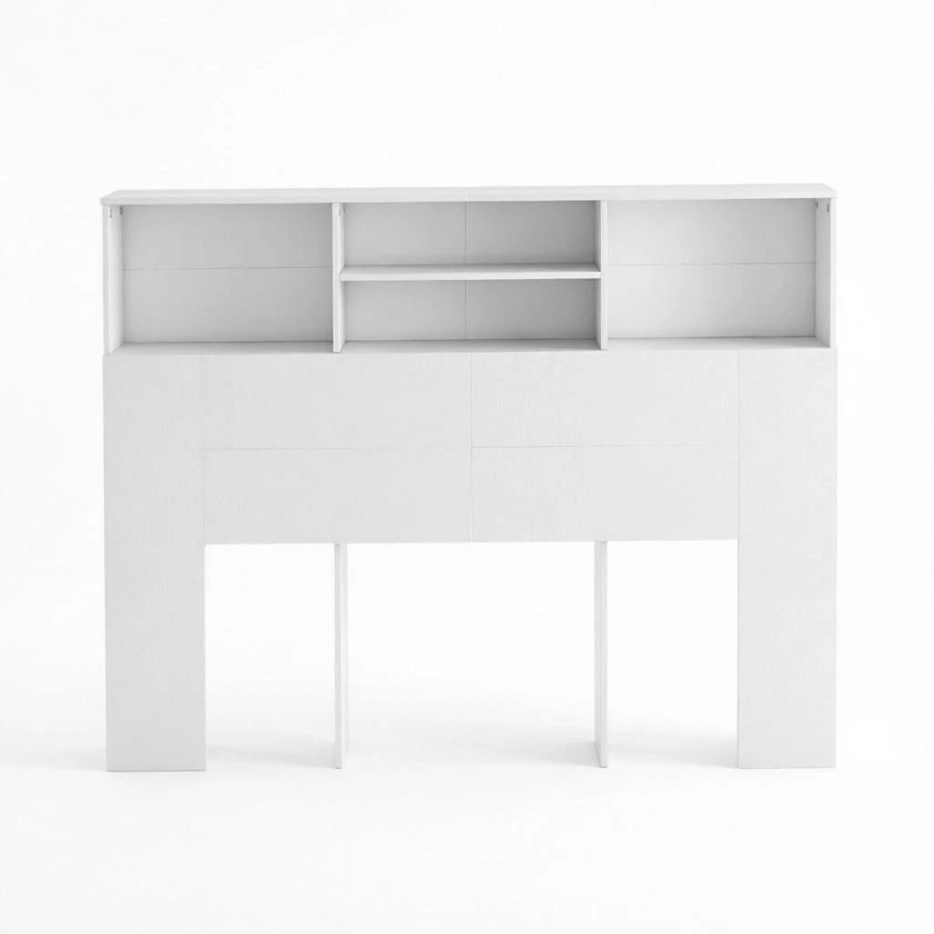 Testiera letto con 4 vani aperti e fissaggio a parete per camera in MDF e truciolato bianco 140×19×103.5 cm