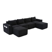 Divano modulare 4 posti con 2 pouf; portabicchieri e tasche laterali in corduroy nero