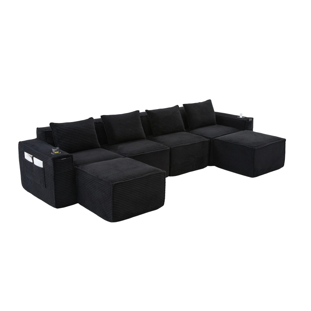 Divano modulare 4 posti con 2 pouf; portabicchieri e tasche laterali in corduroy nero