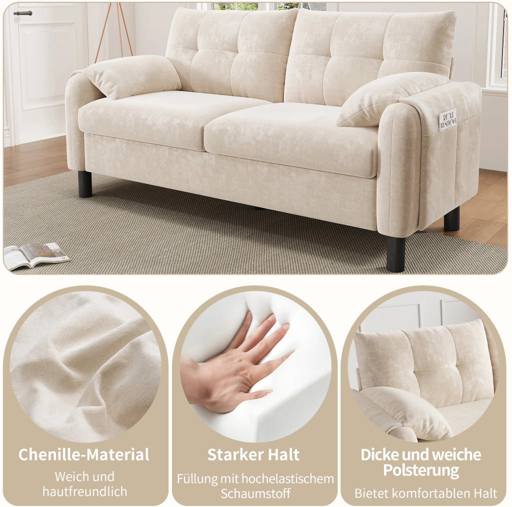 Sofa 2 posti moderno in tessuto chenille beige con cuscini spessi e tasche laterali, design scandinavo
