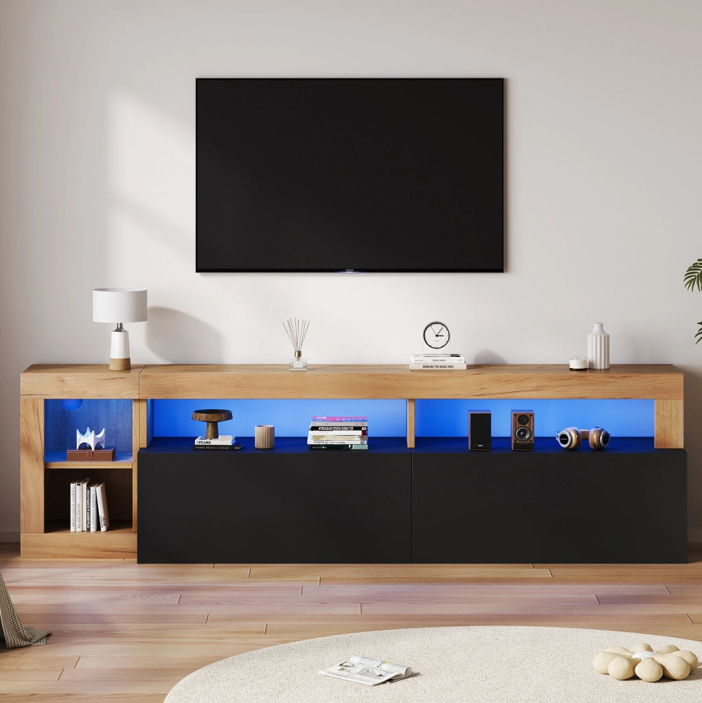 Mobile TV 184x42x58 cm con illuminazione LED e vani aperti in truciolare nero naturale