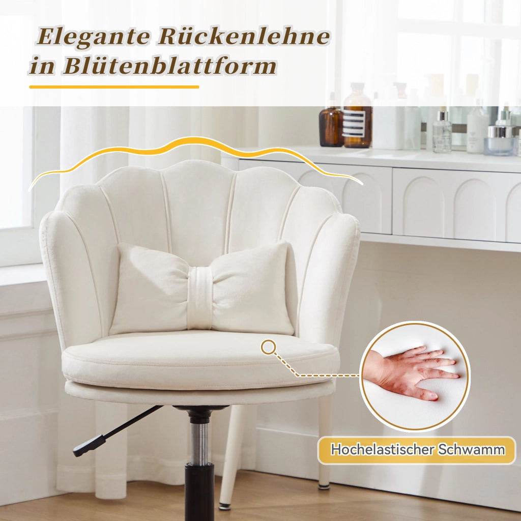 Chaise girevole in velluto con altezza regolabile, supporto lombare e ruote, base a cinque razze beige