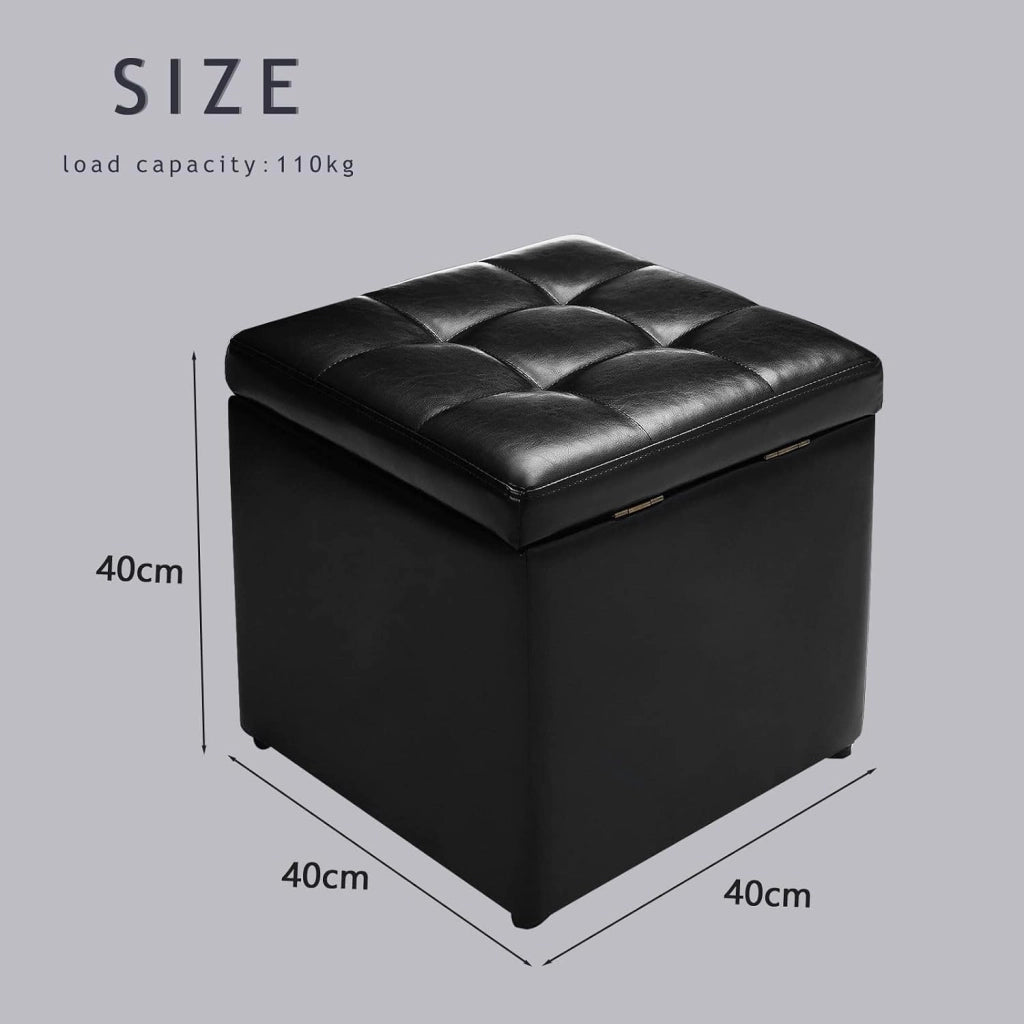 Pouf Cubo Multifunzionale in PU 40x40x40cm, Sgabello di Stocaggio Salvaspazio, Cassapanca Cubo per Ingresso, Soggiorno, Camera da Letto (NERO)