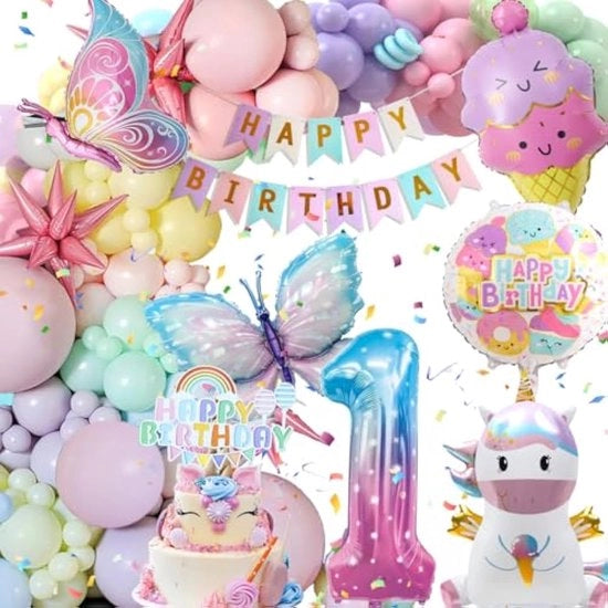 Decorazione di Compleanno Ragazze 1 Anno - Ballooni Farfalla & Unicornio Tema