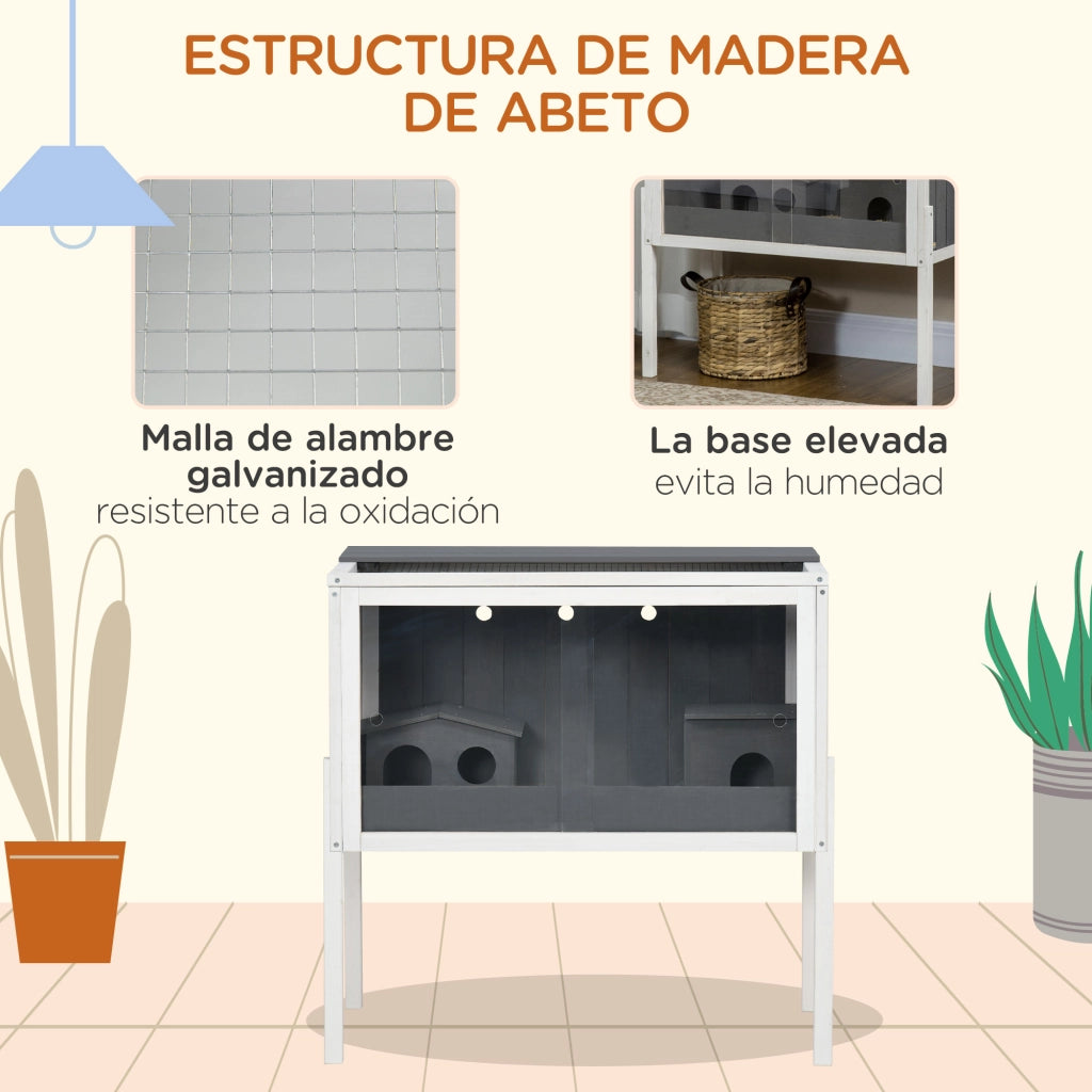 Gabbia per Criceti in Legno con 2 Porte in Acrilico e 2 Casette ¨C Minimal ¨C 82x45x81 cm Grigio Scuro
