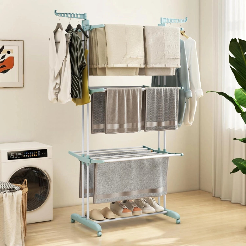 Stendibiancheria a Torre, Stendibiancheria Verticale Salvaspazio con Supporti per Grucce Girevoli e Piani Pieghevoli, Stendino Pieghevole con Ruote, 127 x 63 x 171 cm (Azzurro)