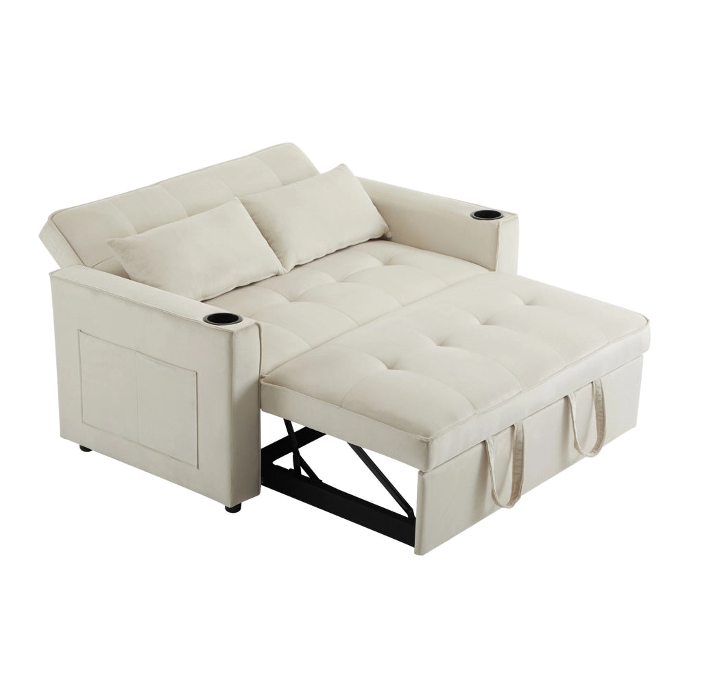 Divano letto 137 cm in velluto beige con portabicchieri， 3 in 1