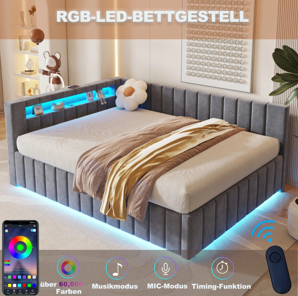 Letto matrimoniale imbottito 140x200 cm con contenitore idraulico; LED e USB; velluto grigio