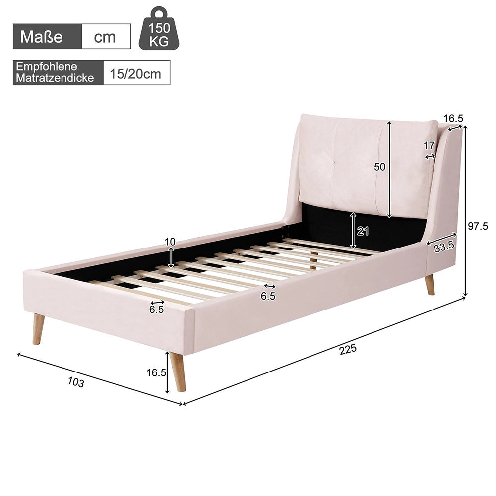 Letto imbottito-Xylo-90x200cm testiera velluto piedi legno massiccio rosa