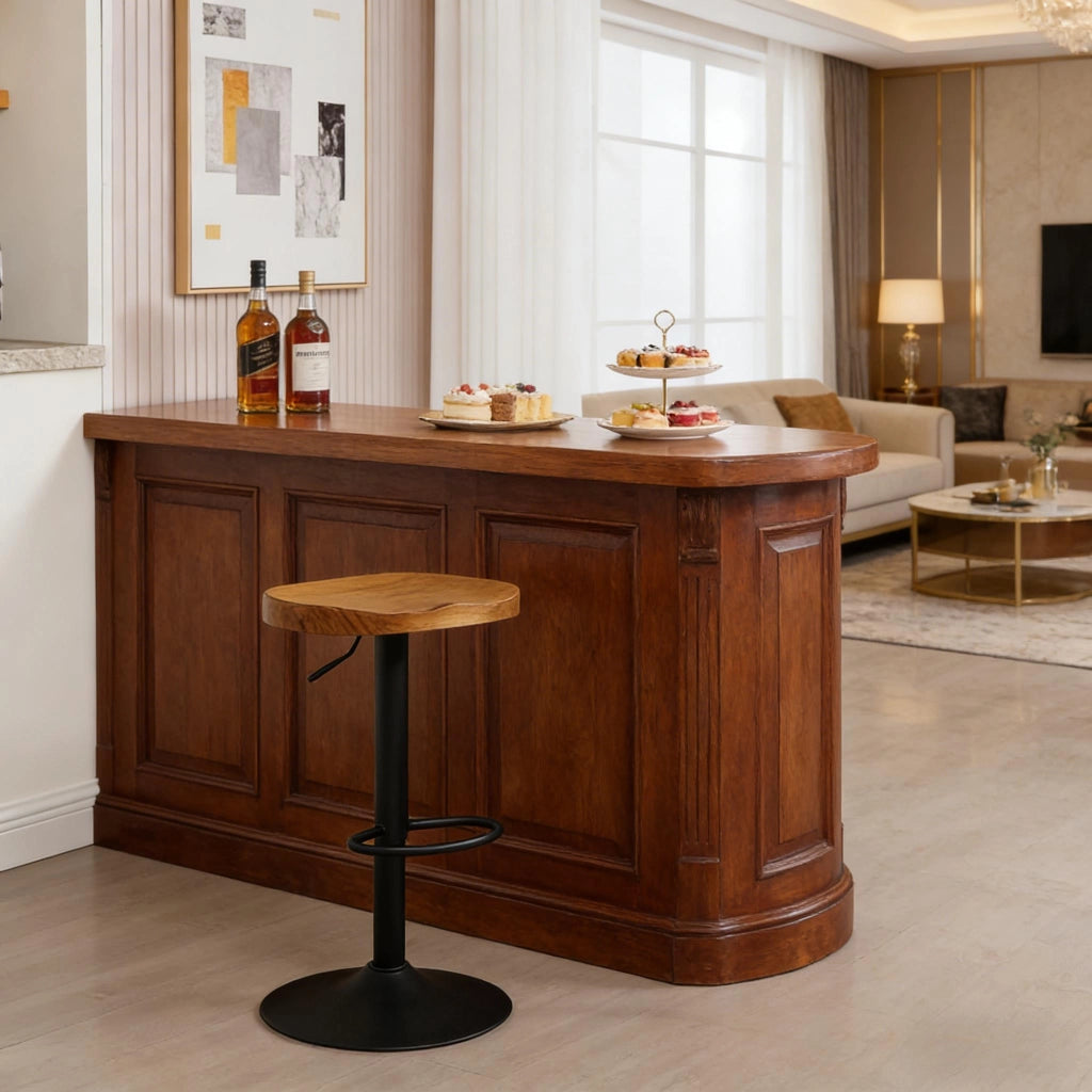 Sgabello da bar girevole con seduta ergonomica, altezza regolabile e poggiapiedi in legno massello e metallo, legno