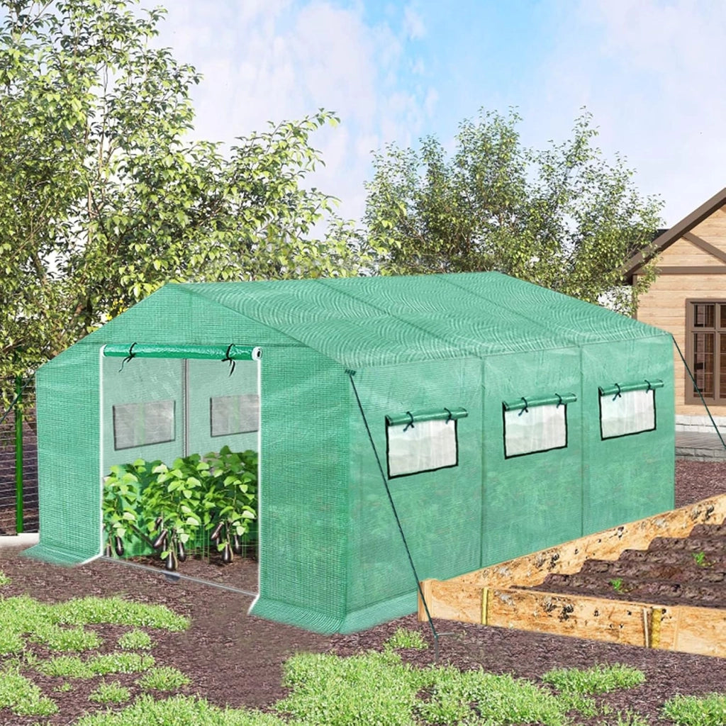 Serra da giardino in pellicola, 4,5 x 2 x 2 m, con porta e lontano, per pomodori, per piante da giardino, verde