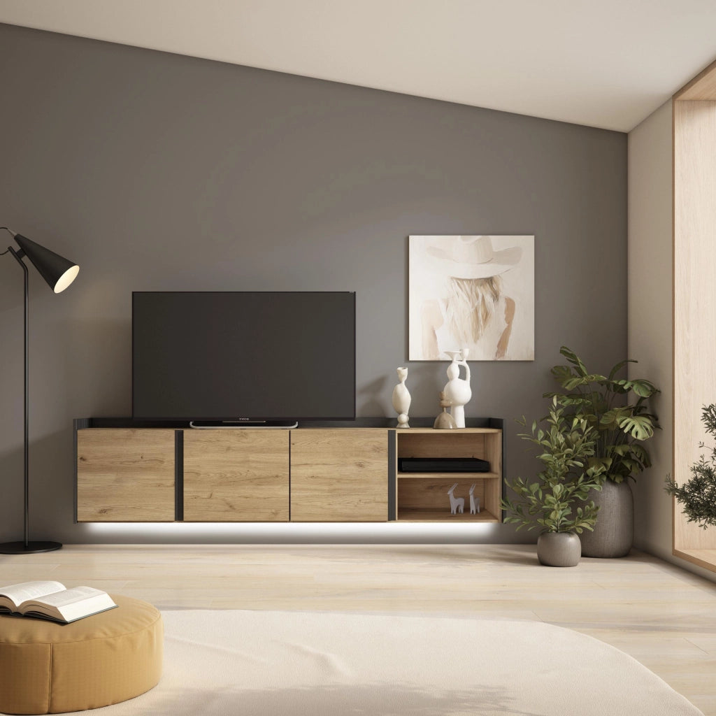Mobile TV Soggiorno, 207x50x35 cm, Per TV fino a 80", Sospeso, da appendere, LED, Rovere e nero