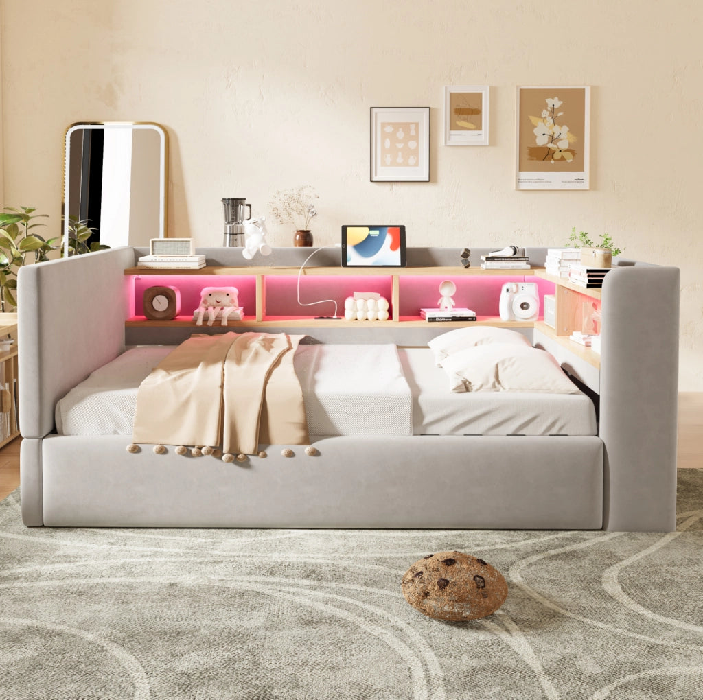 Divano letto imbottito 90 x 190 cm grigio chiaro con LED, prese e vano contenitore