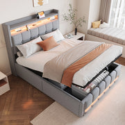 Letto imbottito 140 × 200 cm 2 posti con LED, USB, ripiani e vano contenitore, senza materasso, grigio chiaro