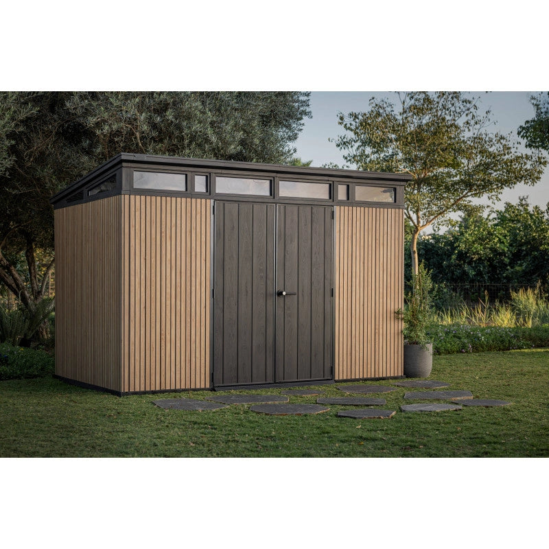 Casetta da giardino in resina effetto legno EVOTECH+ 342x218 cm - pavimento e doppia porta - carico neve 150 kg/m² – Pent 11x7 Signature Venetian - Keter