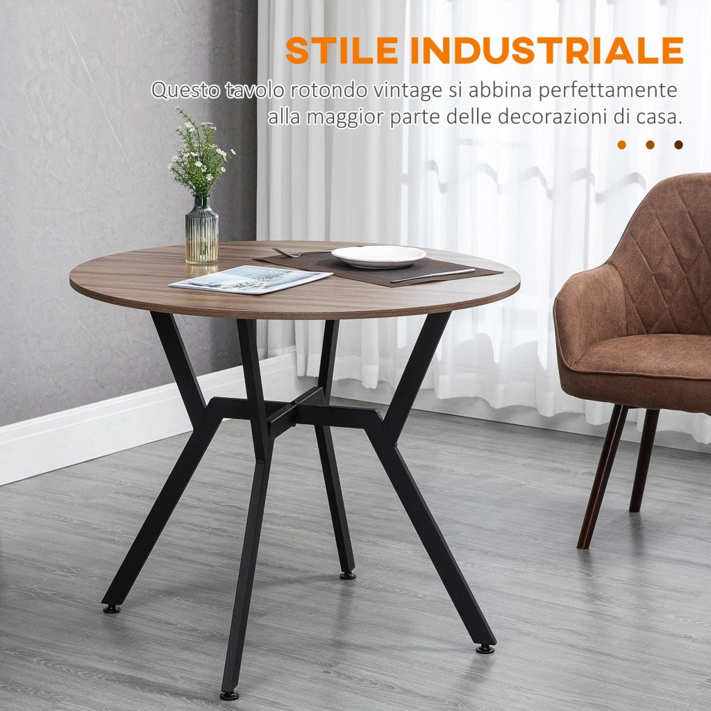 Tavolo Rotondo da Pranzo per 2 Persone Ø90 cm in Legno e Acciaio Nero e Marrone